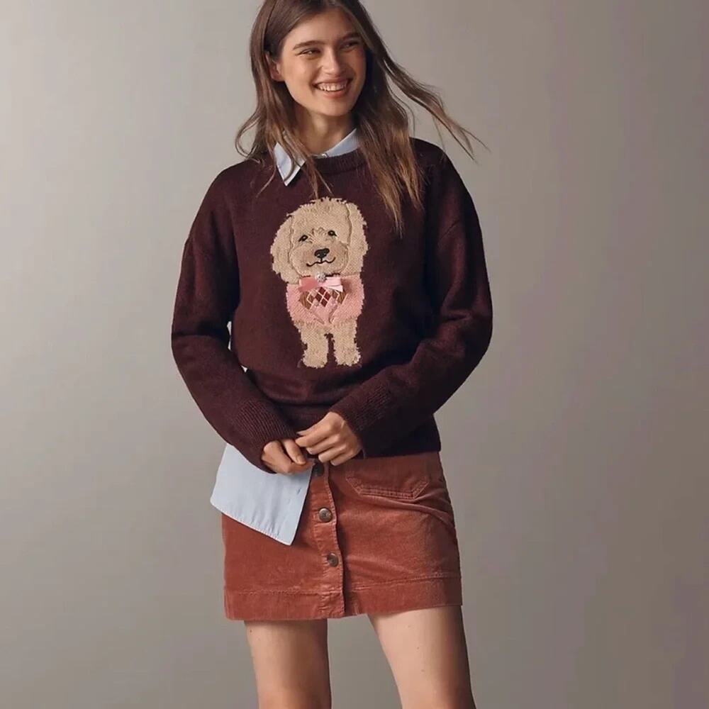 NWT Anthropologie Maeve Crew-Neck Dog Icon Pullover Sweater Sz L Wine #7A619